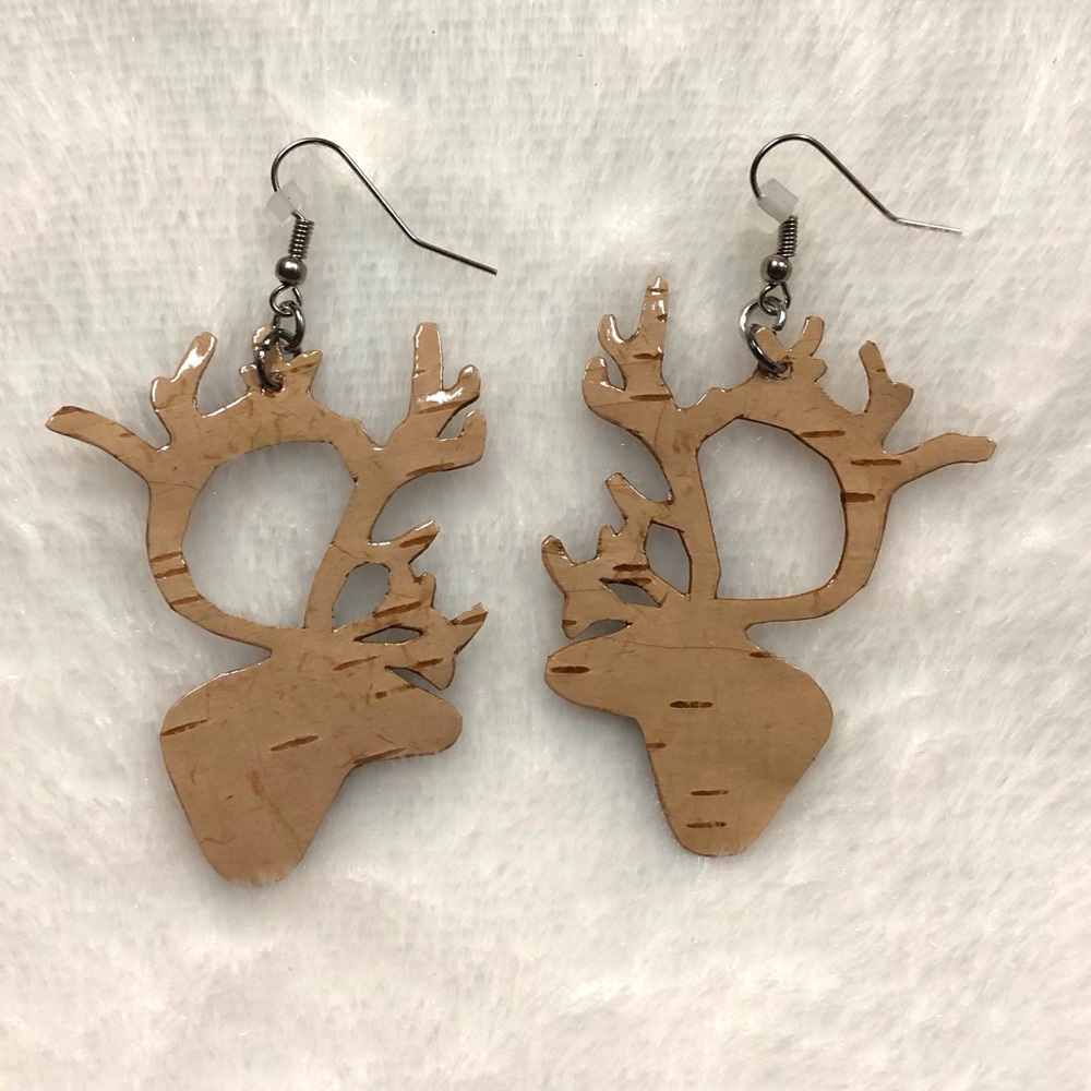Hand Cut Caribou Head Alaska Paper Birch Bark Earring With Silver Tone Ear Hook